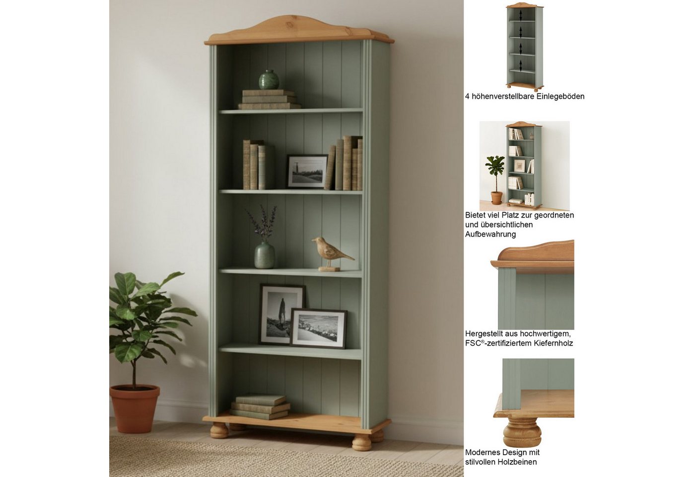 OTTO home Regal Mette Bücherregal mit 5 offenen Fächern, aus massivem Kiefernholz, in unterschiedlichen Größen und Farben Bild 2