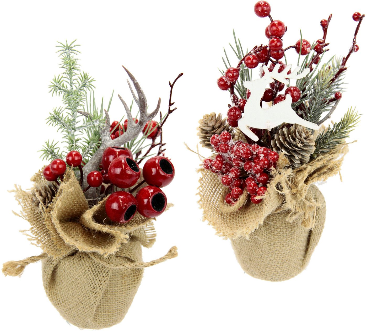 Winterliche Kunstpflanze Weihnachtsgesteck in Jute, Weihnachtsdeko im 2er Set, Tanne, I.GE.A., Höhe 20 cm, Kunstblumen-Arrangement 1x mit Horn und 1x mit Hirsch
