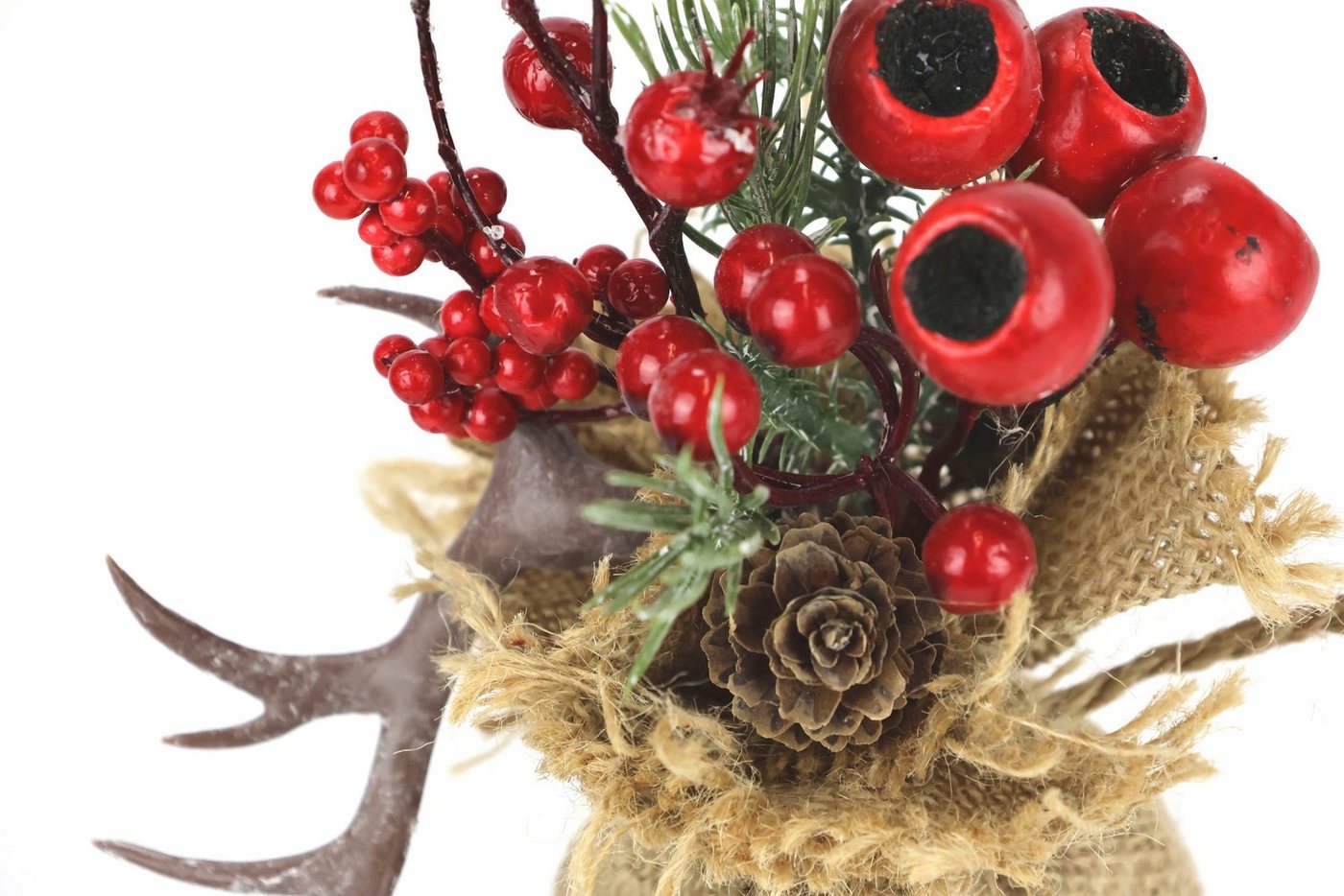Winterliche Kunstpflanze Weihnachtsgesteck in Jute, Weihnachtsdeko im 2er Set, Tanne, I.GE.A., Höhe 20 cm, Kunstblumen-Arrangement 1x mit Horn und 1x mit Hirsch Bild 4