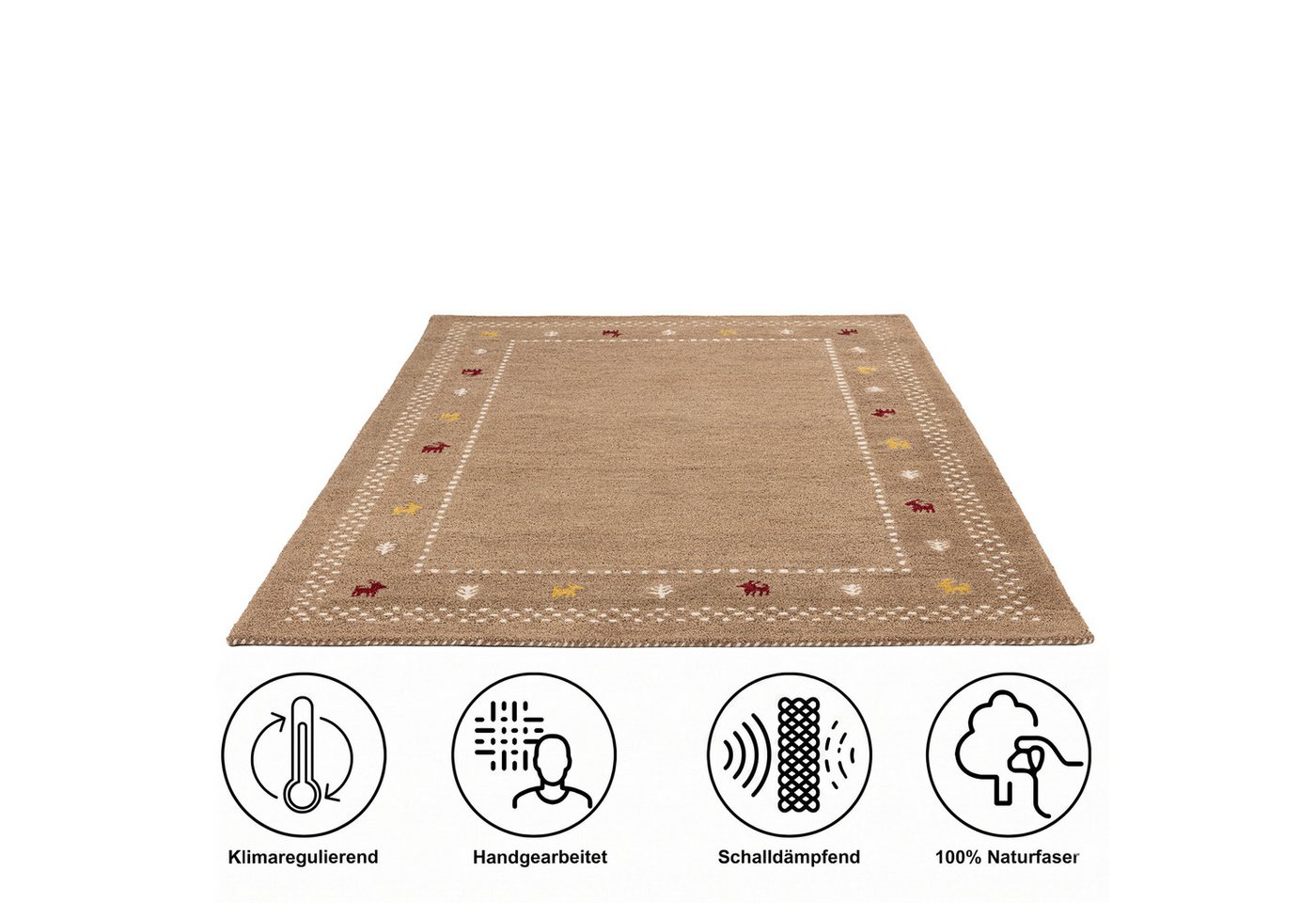 THEKO Wollteppich Gabbeh Bordüre, Handgefertigt, Teppich, Tiermotiv, reine Wolle, rechteckig, Höhe: 14 mm, Wohnzimmer, Schlafzimmer, Esszimmer
