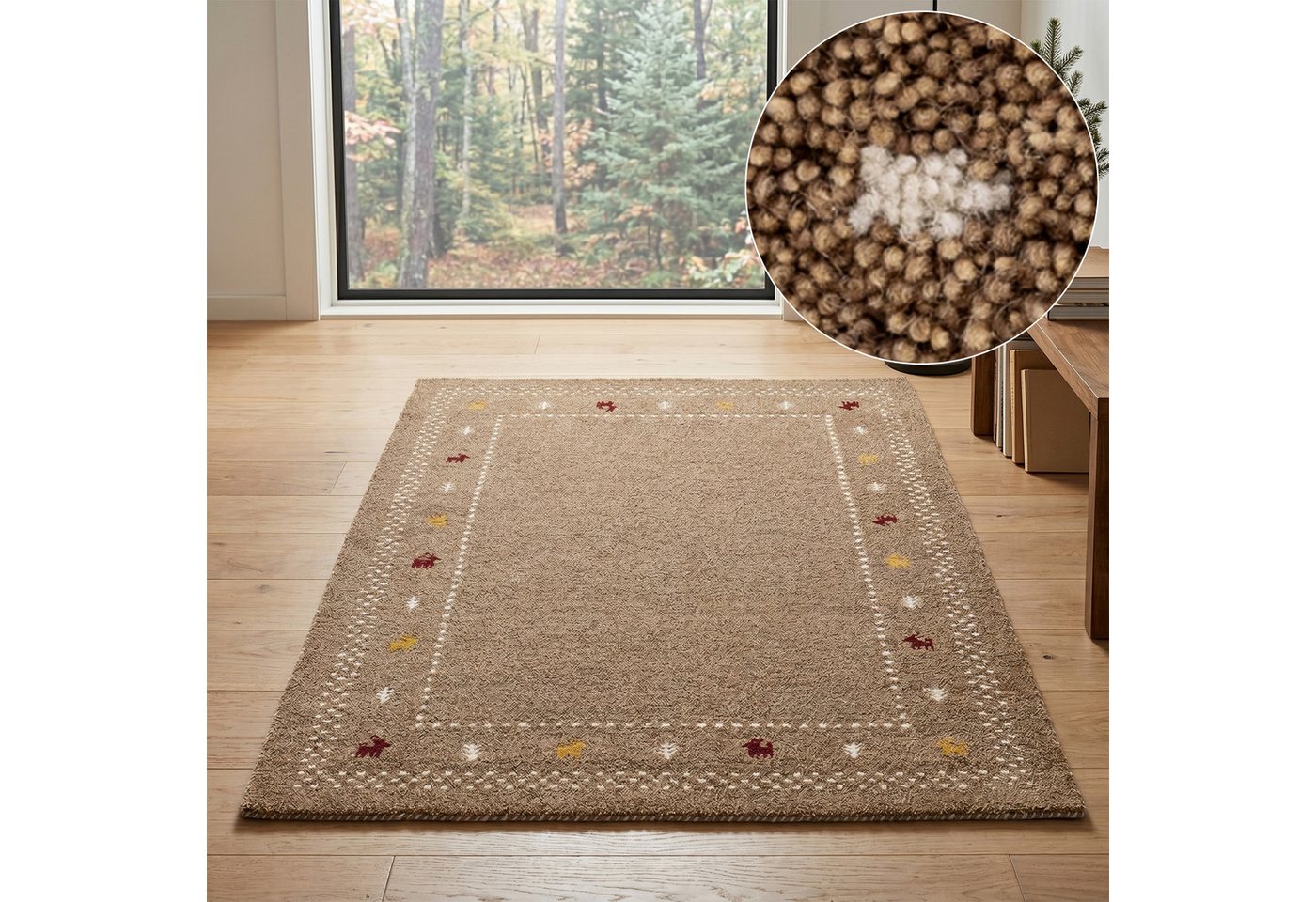 THEKO Wollteppich Gabbeh Bordüre, Handgefertigt, Teppich, Tiermotiv, reine Wolle, rechteckig, Höhe: 14 mm, Wohnzimmer, Schlafzimmer, Esszimmer Bild 5