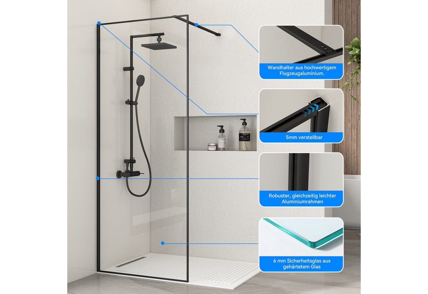 welltime Walk-in-Dusche Walk In Frame, Einscheibensicherheitsglas, Rundumrahmen, auch mit stabilisierendem Eckregal Bild 3