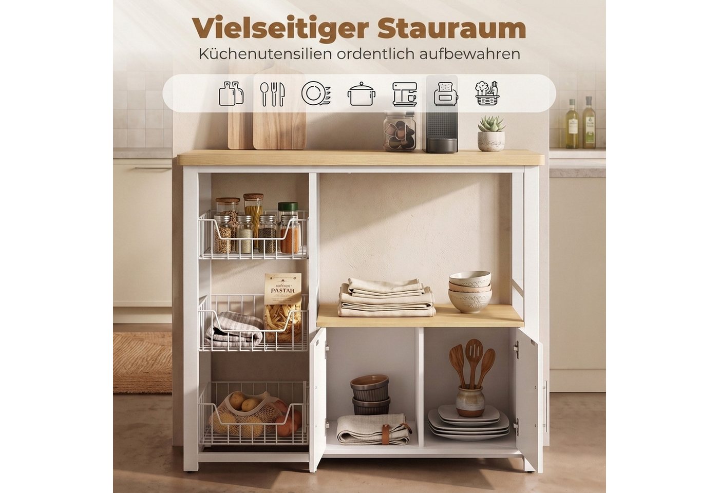 HOMCOM Küchenregal Mikrowellenregal mit Arbeitsplatte, 100x35x80cm, Weiß, Standregal 1-tlg., 3 Körbe, Schrank, Kippschutz