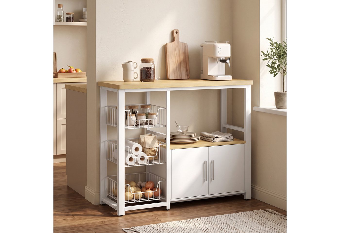 HOMCOM Küchenregal Mikrowellenregal mit Arbeitsplatte, 100x35x80cm, Weiß, Standregal 1-tlg., 3 Körbe, Schrank, Kippschutz Bild 3