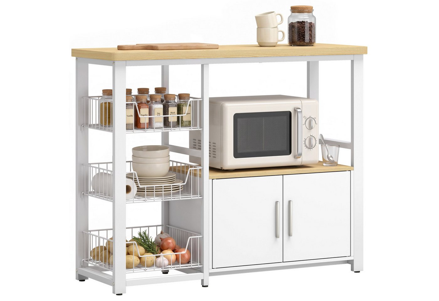 HOMCOM Küchenregal Mikrowellenregal mit Arbeitsplatte, 100x35x80cm, Weiß, Standregal 1-tlg., 3 Körbe, Schrank, Kippschutz Bild 4