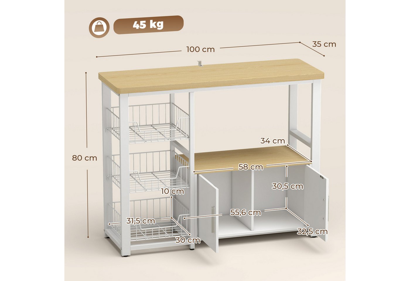 HOMCOM Küchenregal Mikrowellenregal mit Arbeitsplatte, 100x35x80cm, Weiß, Standregal 1-tlg., 3 Körbe, Schrank, Kippschutz Bild 5