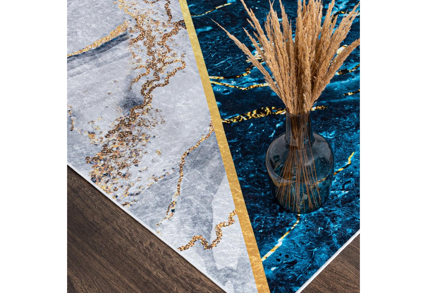Mazovia Designteppich Glamour Marmor Anthrazit Blau Wohnzimmer, Schlafzimmer, Esszimmer, Fußbodenheizung