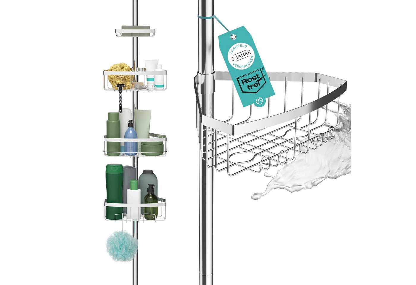 Laakfeld Duschregal Teleskop Duschregal mit 3 Fach Anti-Rost Schutz 105-270cm, - Stabiles & flexibles Teleskop Duschregal ohne Bohren, Teleskopregal Bad 4 Körbe - Klemmregal Dusche und Badewanne