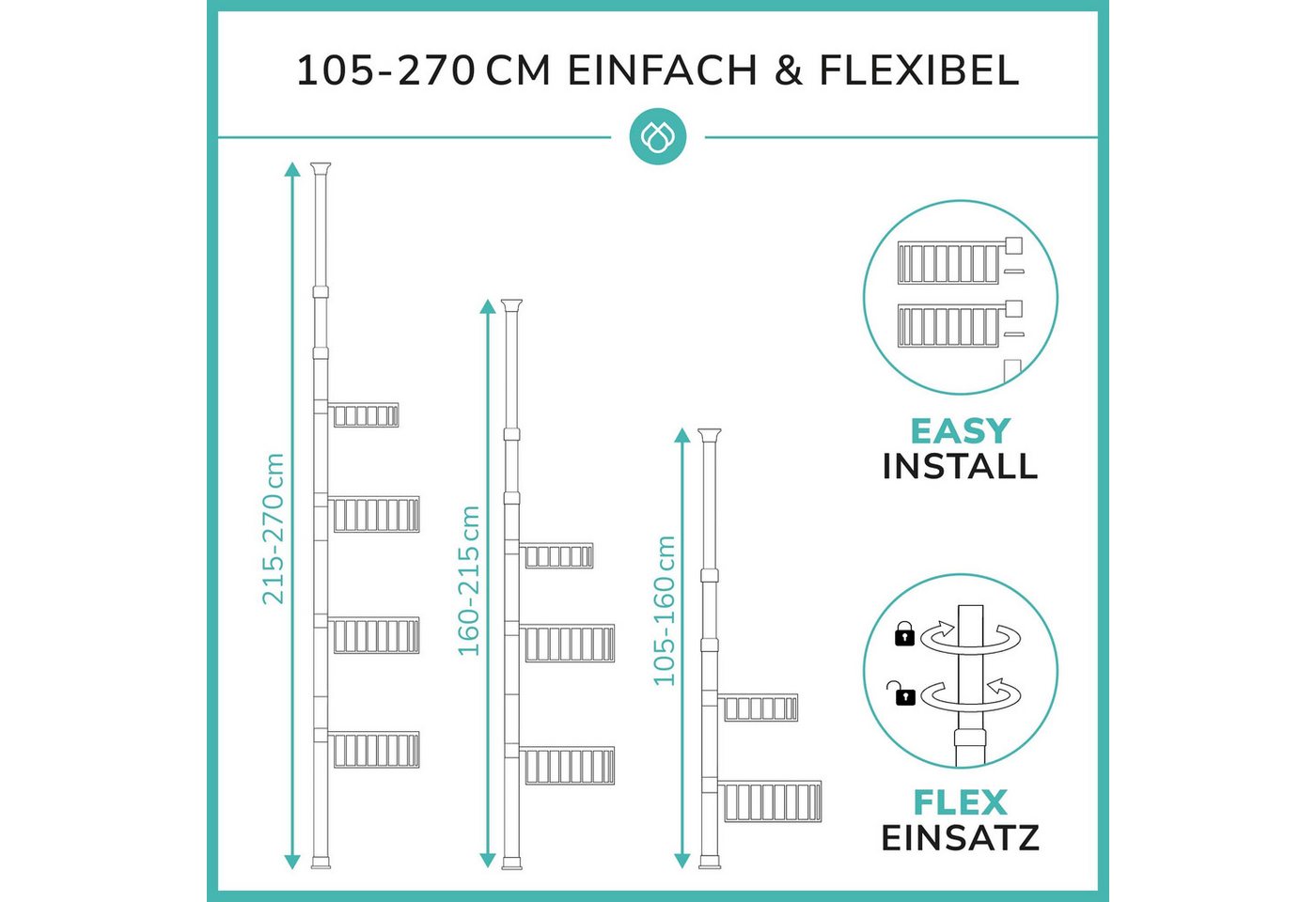 Laakfeld Duschregal Teleskop Duschregal mit 3 Fach Anti-Rost Schutz 105-270cm, - Stabiles & flexibles Teleskop Duschregal ohne Bohren, Teleskopregal Bad 4 Körbe - Klemmregal Dusche und Badewanne Bild 4