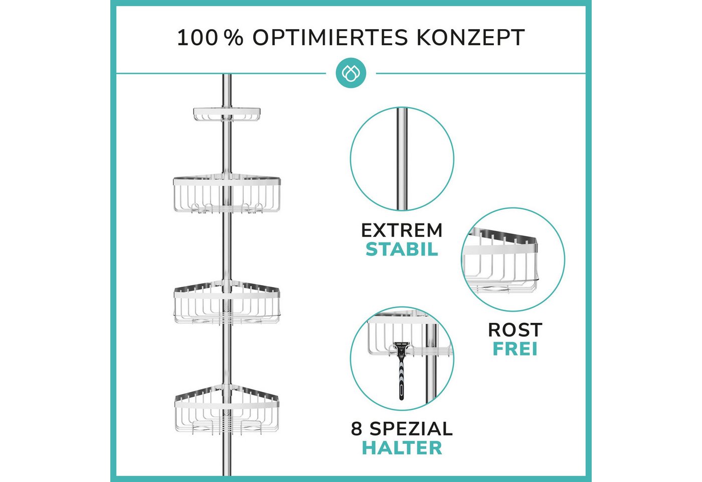 Laakfeld Duschregal Teleskop Duschregal mit 3 Fach Anti-Rost Schutz 105-270cm, - Stabiles & flexibles Teleskop Duschregal ohne Bohren, Teleskopregal Bad 4 Körbe - Klemmregal Dusche und Badewanne Bild 5