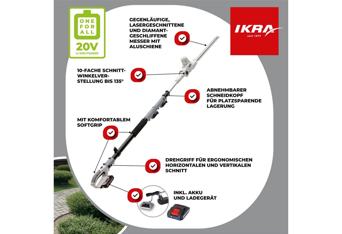 ikra GmbH Teleskop-Heckenschere ICPH 2040, bis 2,75 m Arbeitshöhe, 20V Akku, Lasergeschnittene & gehärtete Messer, inkl. Pflegespray Bild 2