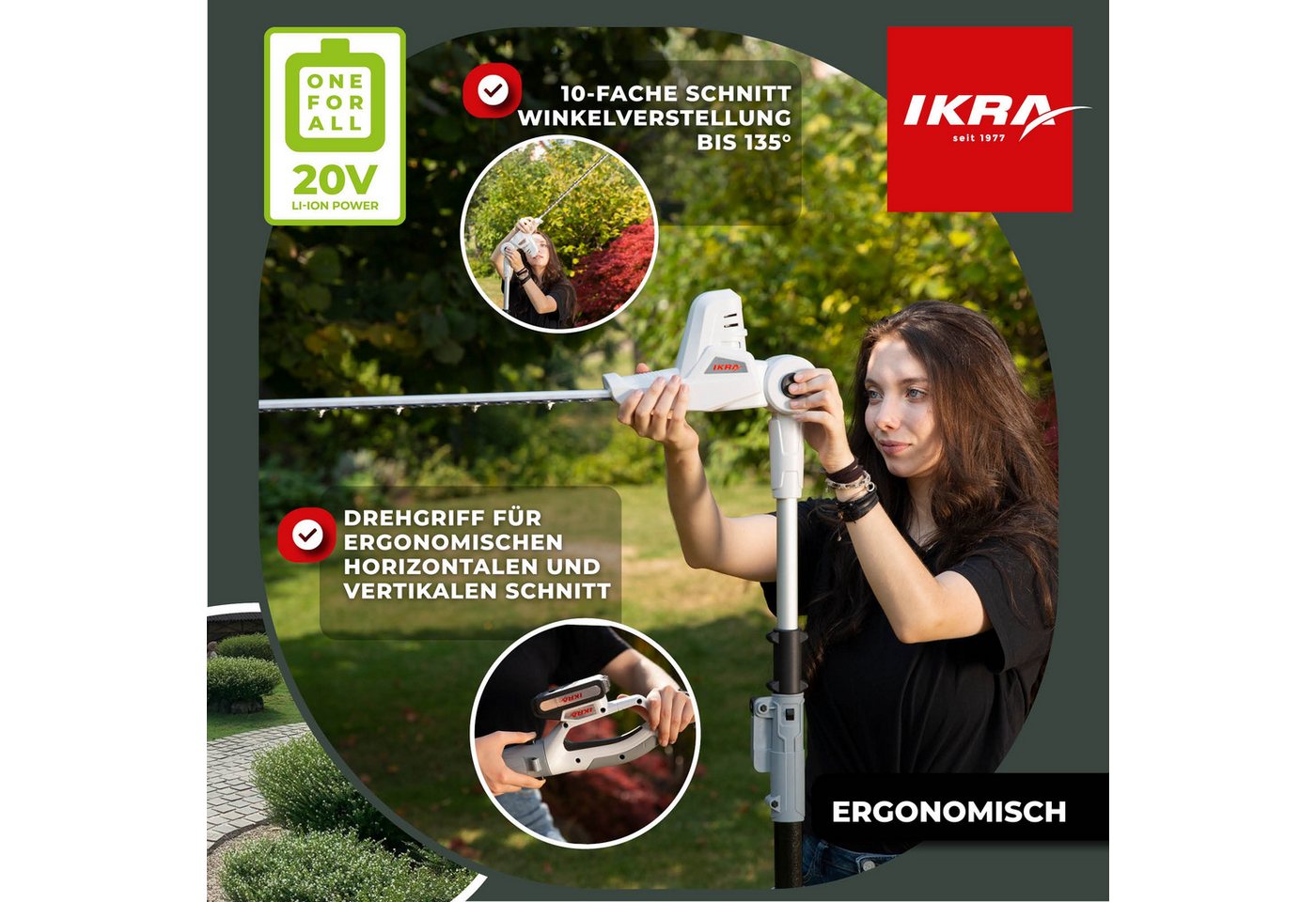 ikra GmbH Teleskop-Heckenschere ICPH 2040, bis 2,75 m Arbeitshöhe, 20V Akku, Lasergeschnittene & gehärtete Messer, inkl. Pflegespray Bild 3