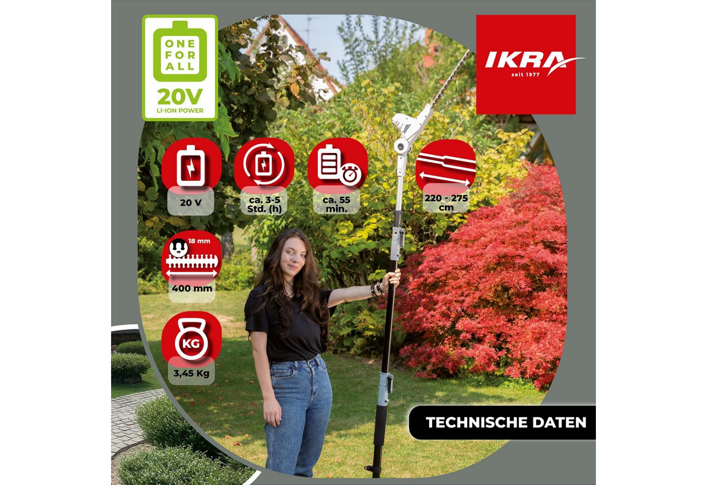 ikra GmbH Teleskop-Heckenschere ICPH 2040, bis 2,75 m Arbeitshöhe, 20V Akku, Lasergeschnittene & gehärtete Messer, inkl. Pflegespray Bild 4
