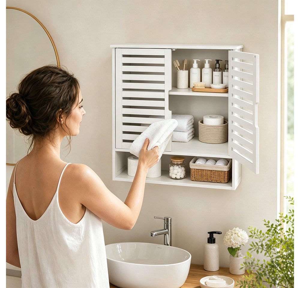 JEOBEST Hängeschrank Badschrank, Bambus Badezimmerschrank, Wandregal (1-St) Platzsparend, Wandschrank mit Doppeltüren Bild 3