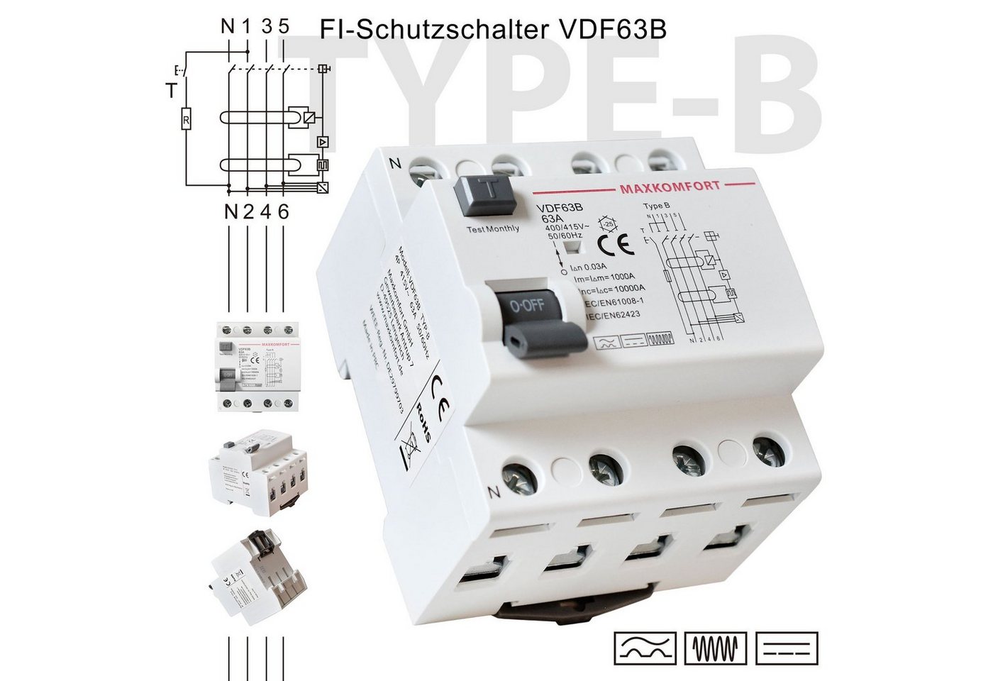 Maxkomfort Schalter FI-Schutzschalter Typ B 63A 30mA 4Polig (1-St), Allstromsensitiv, Typ B, 30mA Bild 2