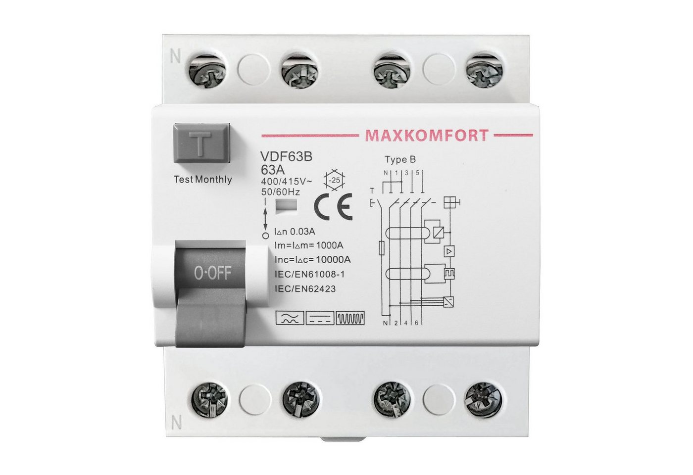 Maxkomfort Schalter FI-Schutzschalter Typ B 63A 30mA 4Polig (1-St), Allstromsensitiv, Typ B, 30mA Bild 4