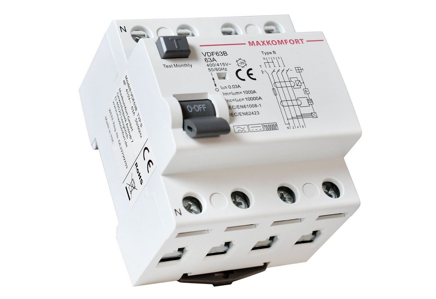 Maxkomfort Schalter FI-Schutzschalter Typ B 63A 30mA 4Polig (1-St), Allstromsensitiv, Typ B, 30mA Bild 5