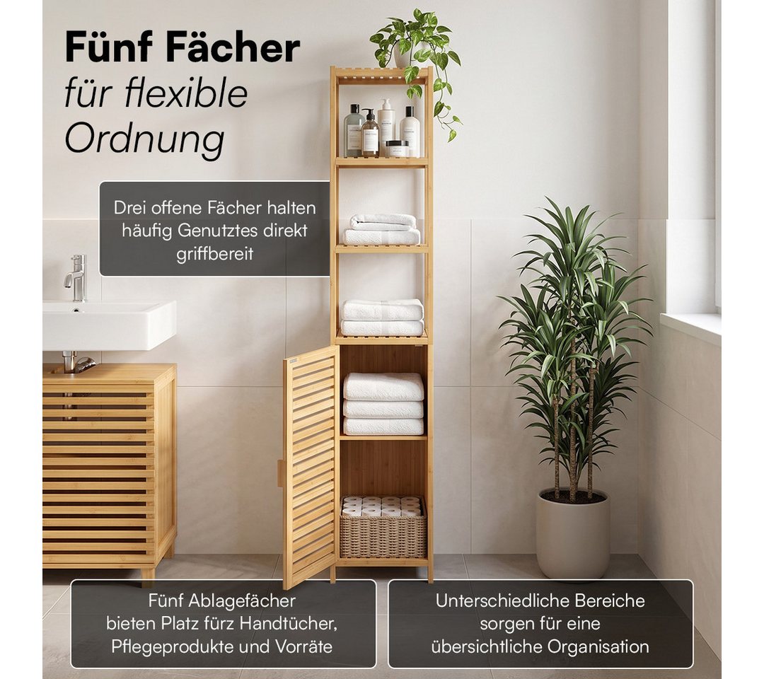 Bellamio Badregal Newa aus Bambus, Badezimmerschrank mit Ablage, lackiert, 5 Fächer, Badezimmerschrank 165×33×33cm, verfügbar in verschiedenen Ausführungen