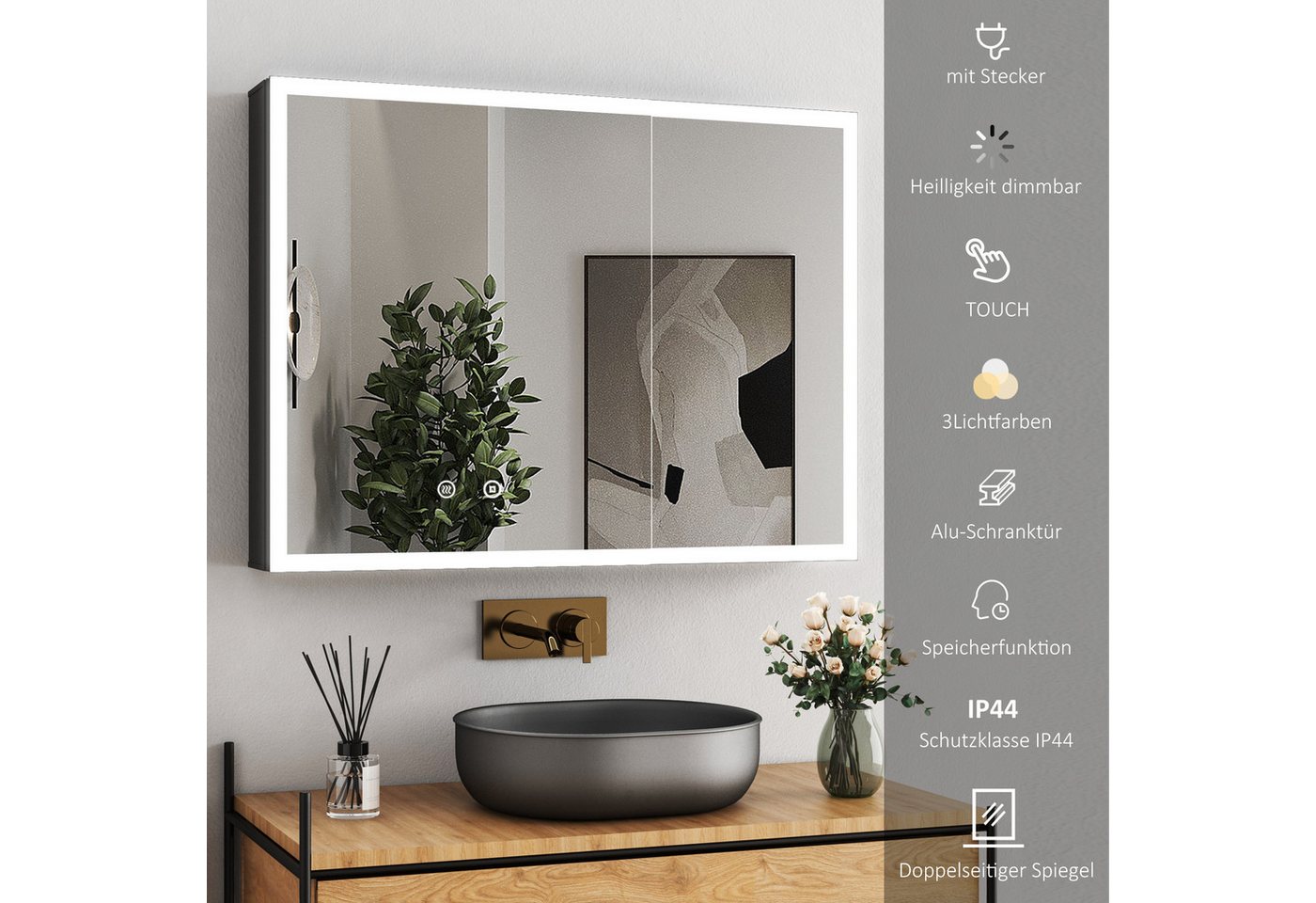 WDWRITTI Spiegelschrank 2türig 80x60x13,5cm Schwarz Metall Kalt/Neutral/Warmweiß Dimmbar (Badschrank Schwarz matt, 4mm Doppel Spiegel, Dimmbar, Anti-fog, Speicherfunktion) vormontiert geliefert, mit Netzadapter, 1,5m Kabel Bild 2