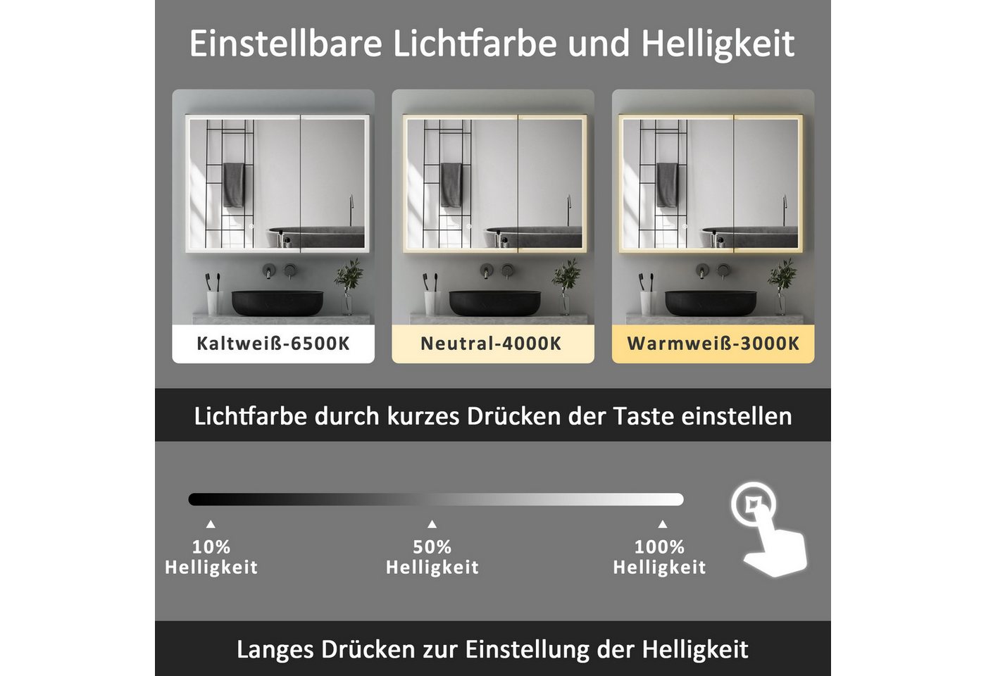 WDWRITTI Spiegelschrank 2türig 80x60x13,5cm Schwarz Metall Kalt/Neutral/Warmweiß Dimmbar (Badschrank Schwarz matt, 4mm Doppel Spiegel, Dimmbar, Anti-fog, Speicherfunktion) vormontiert geliefert, mit Netzadapter, 1,5m Kabel Bild 3