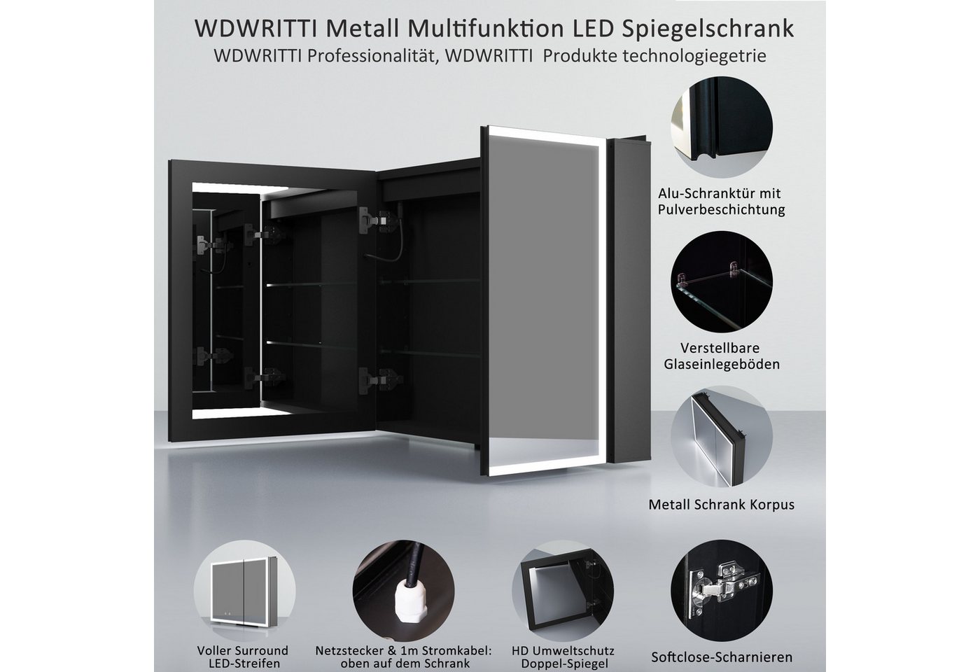 WDWRITTI Spiegelschrank 2türig 80x60x13,5cm Schwarz Metall Kalt/Neutral/Warmweiß Dimmbar (Badschrank Schwarz matt, 4mm Doppel Spiegel, Dimmbar, Anti-fog, Speicherfunktion) vormontiert geliefert, mit Netzadapter, 1,5m Kabel Bild 4