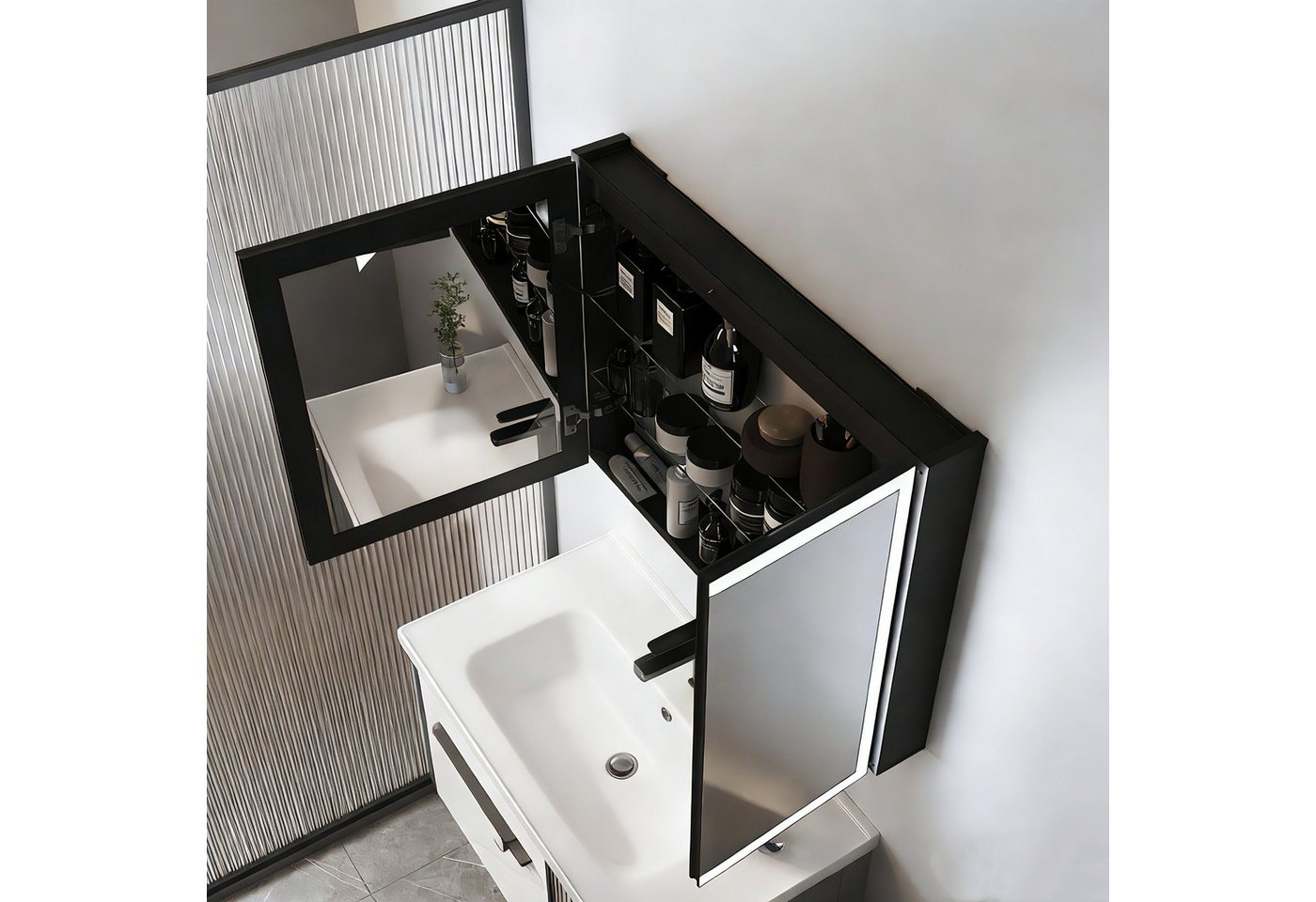WDWRITTI Spiegelschrank 2türig 80x60x13,5cm Schwarz Metall Kalt/Neutral/Warmweiß Dimmbar (Badschrank Schwarz matt, 4mm Doppel Spiegel, Dimmbar, Anti-fog, Speicherfunktion) vormontiert geliefert, mit Netzadapter, 1,5m Kabel Bild 5