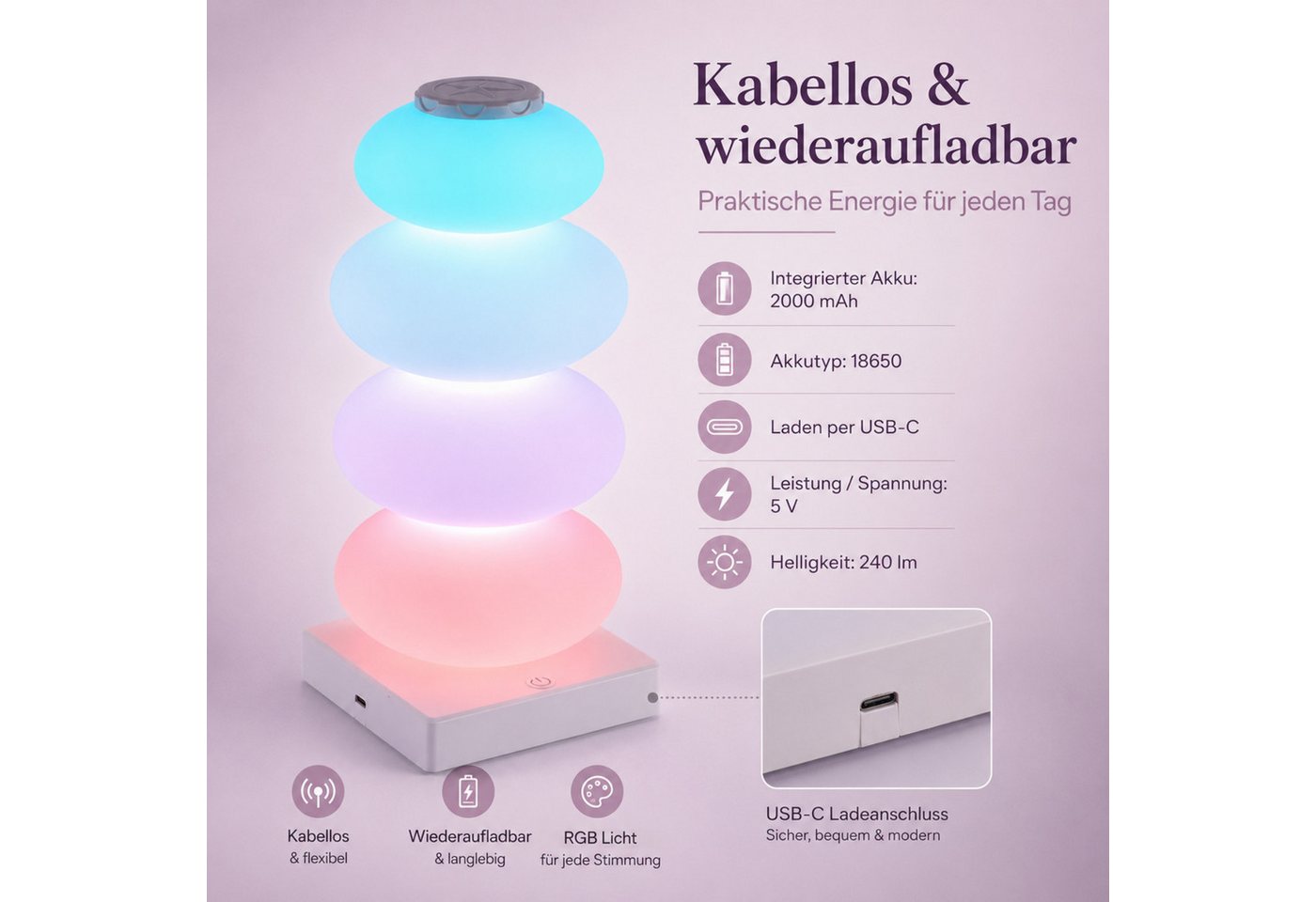 Fyrove LED Bogenlampe RGB Ambientelampe mit Touch-Steuerung,wiederaufladbare, mit Warmlicht 3500 K, kabelloses Nachtlicht mit Type-C, dekorative Schreibtischlampe, Geschenk zu Weihnachten & Geburtstag Bild 3
