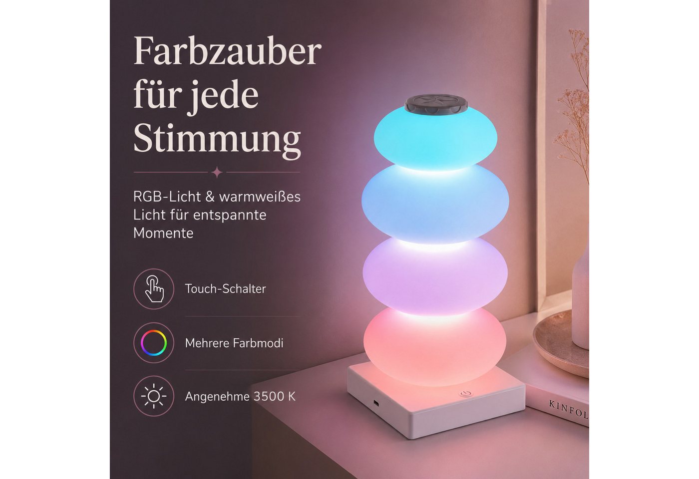 Fyrove LED Bogenlampe RGB Ambientelampe mit Touch-Steuerung,wiederaufladbare, mit Warmlicht 3500 K, kabelloses Nachtlicht mit Type-C, dekorative Schreibtischlampe, Geschenk zu Weihnachten & Geburtstag Bild 4