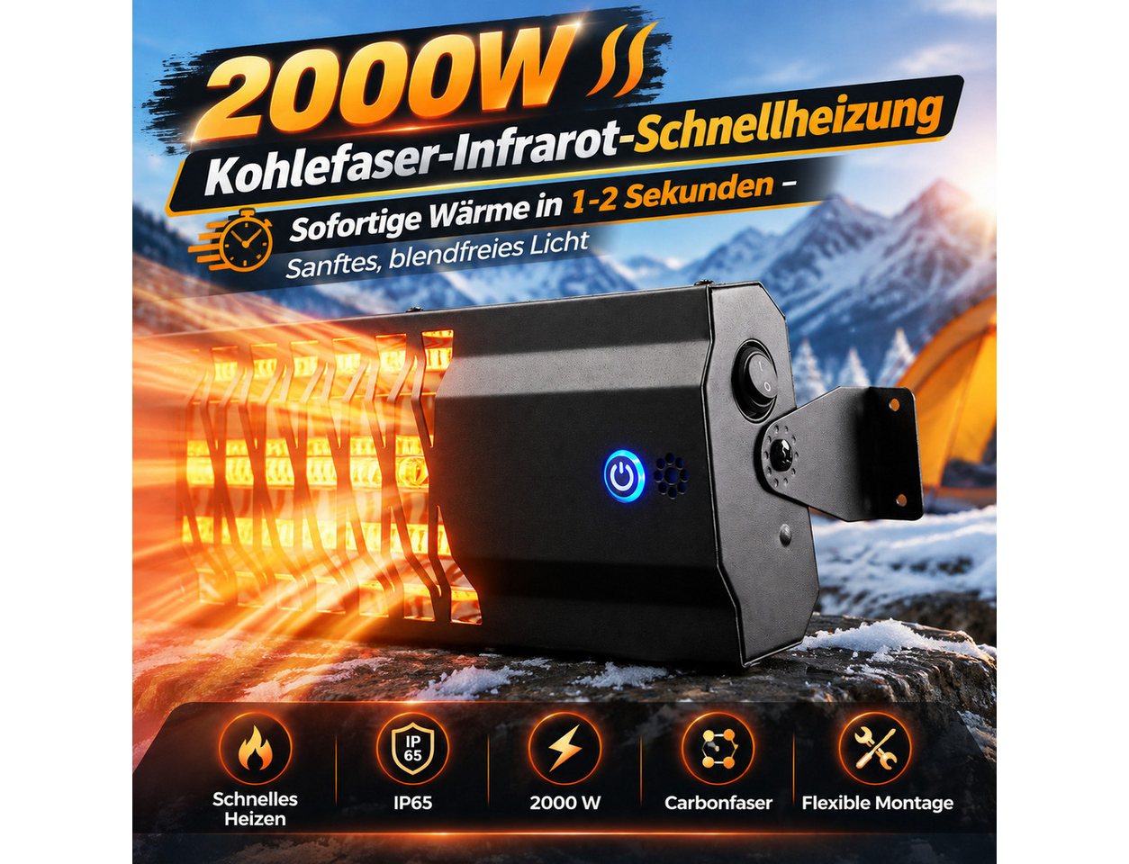 Ledklang Heizstrahler Beleuchtung Infrarotstrahler Innen&Außen,Infrarotheizung Fernbedienung, 2000 W, 65*13.1*6cm Touch-Steuerung für Terrasse,Balkon,Garten,Wohnzimmer Bild 2