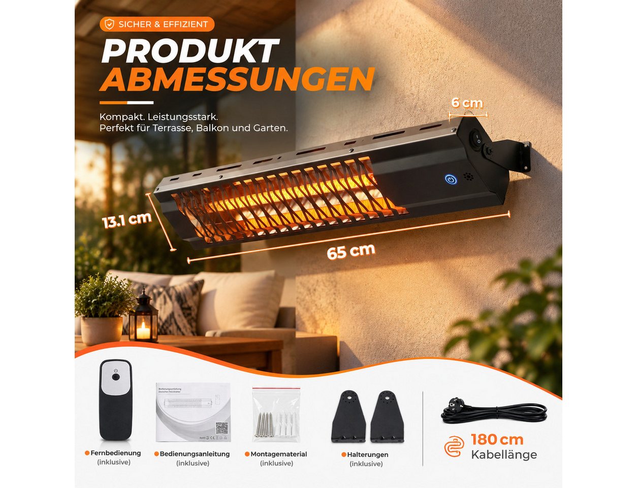 Ledklang Heizstrahler Beleuchtung Infrarotstrahler Innen&Außen,Infrarotheizung Fernbedienung, 2000 W, 65*13.1*6cm Touch-Steuerung für Terrasse,Balkon,Garten,Wohnzimmer Bild 4