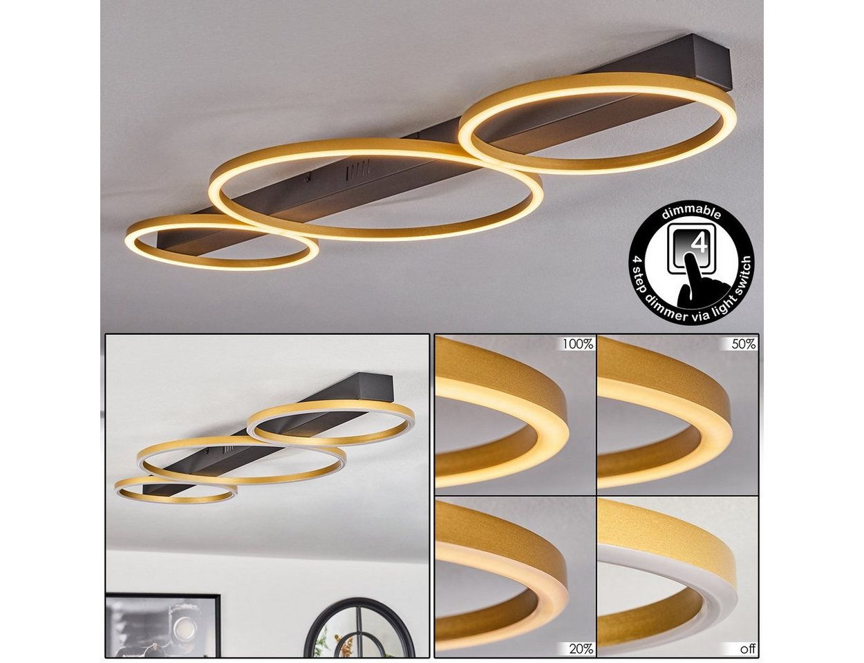 hofstein Deckenleuchte Deckenlampe aus Metall/Kunststoff in Schwarz/Goldfarben/Weiß, LED fest integriert, 3000 Kelvin, Leuchte, dimmbar über herkömmlichen Lichtschalter, 40 Watt, 1670 Lumen Bild 5