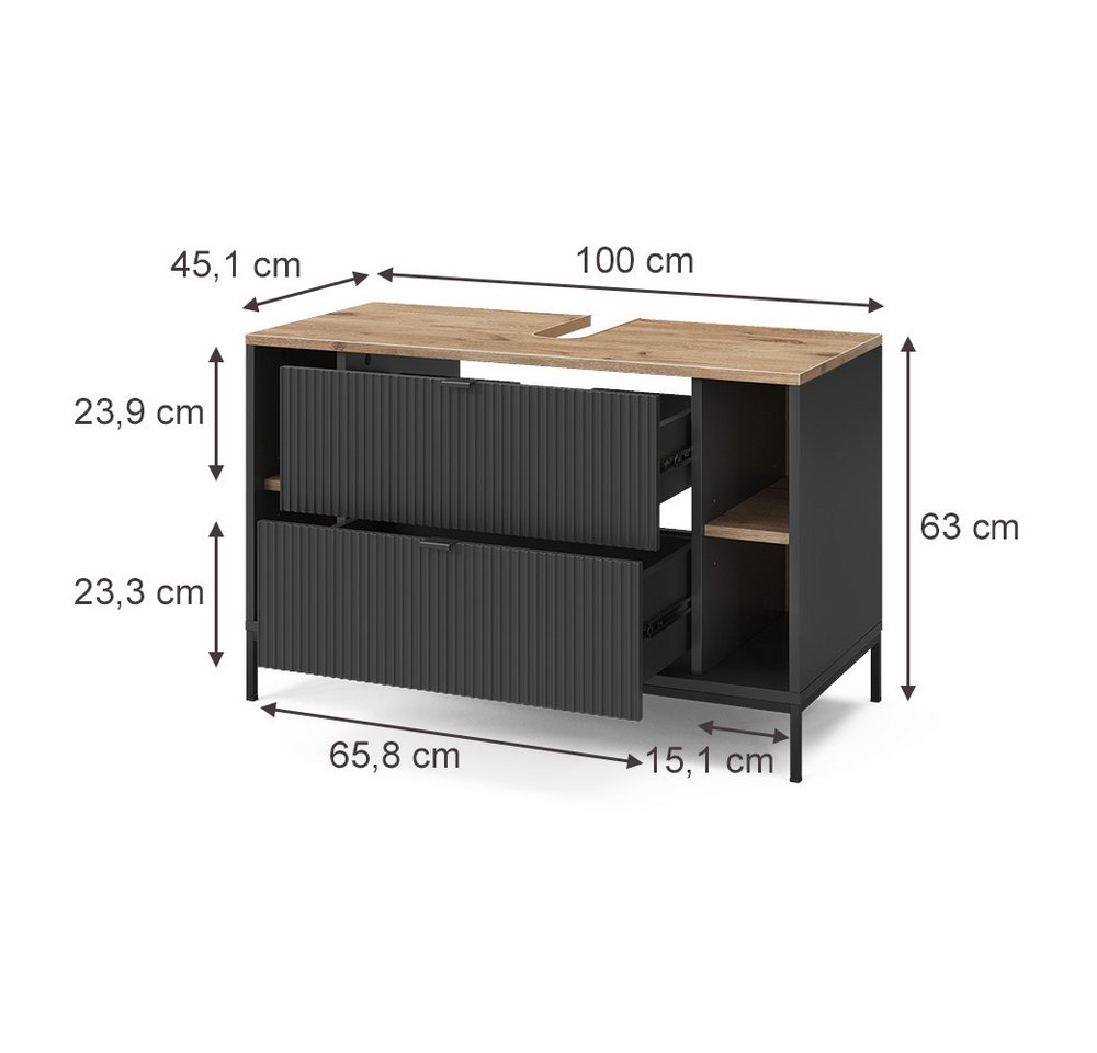 Vicco Waschbeckenunterschrank Eliza, Schwarz/Viking Oak, 100 x 63 cm mit 2 Schubladen (1-St) Bild 4