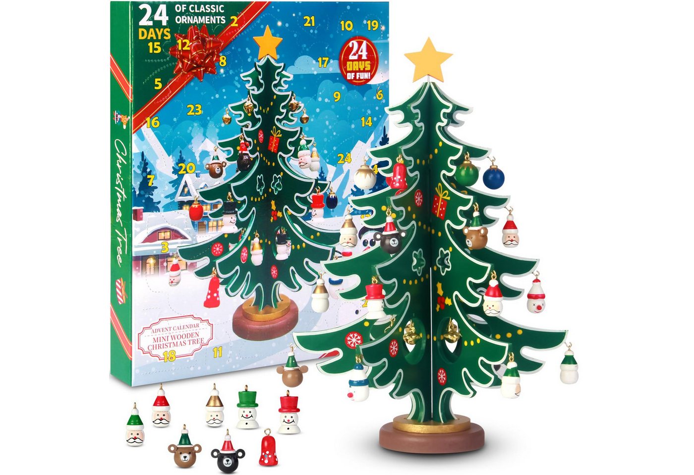 Bomiclss DIY-Adventskalender Weihnachtsbaum aus Holz für den Tisch,24-Tage Countdown Kinder, mit 30 Weihnachtsanhängern, Weihnachtsgeschenk für Kinder