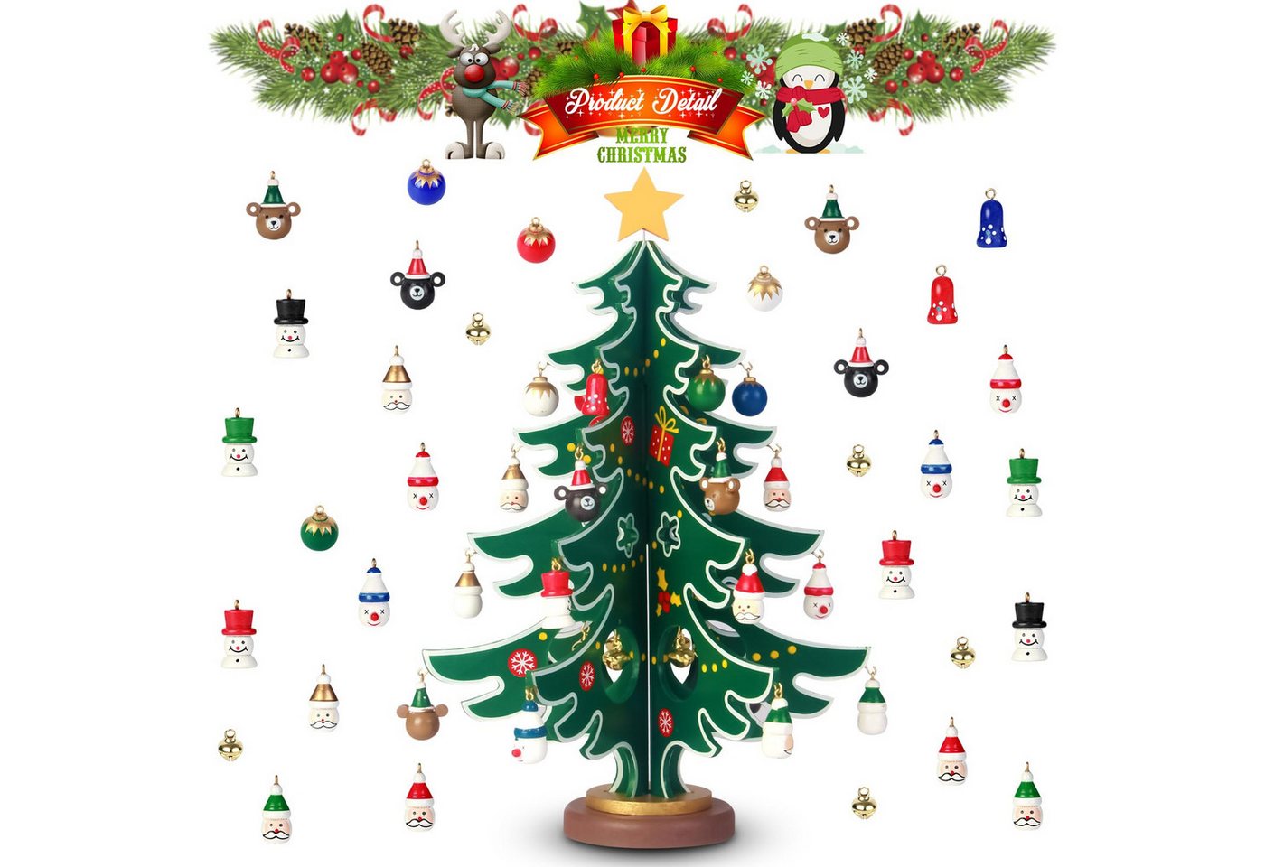 Bomiclss DIY-Adventskalender Weihnachtsbaum aus Holz für den Tisch,24-Tage Countdown Kinder, mit 30 Weihnachtsanhängern, Weihnachtsgeschenk für Kinder Bild 2