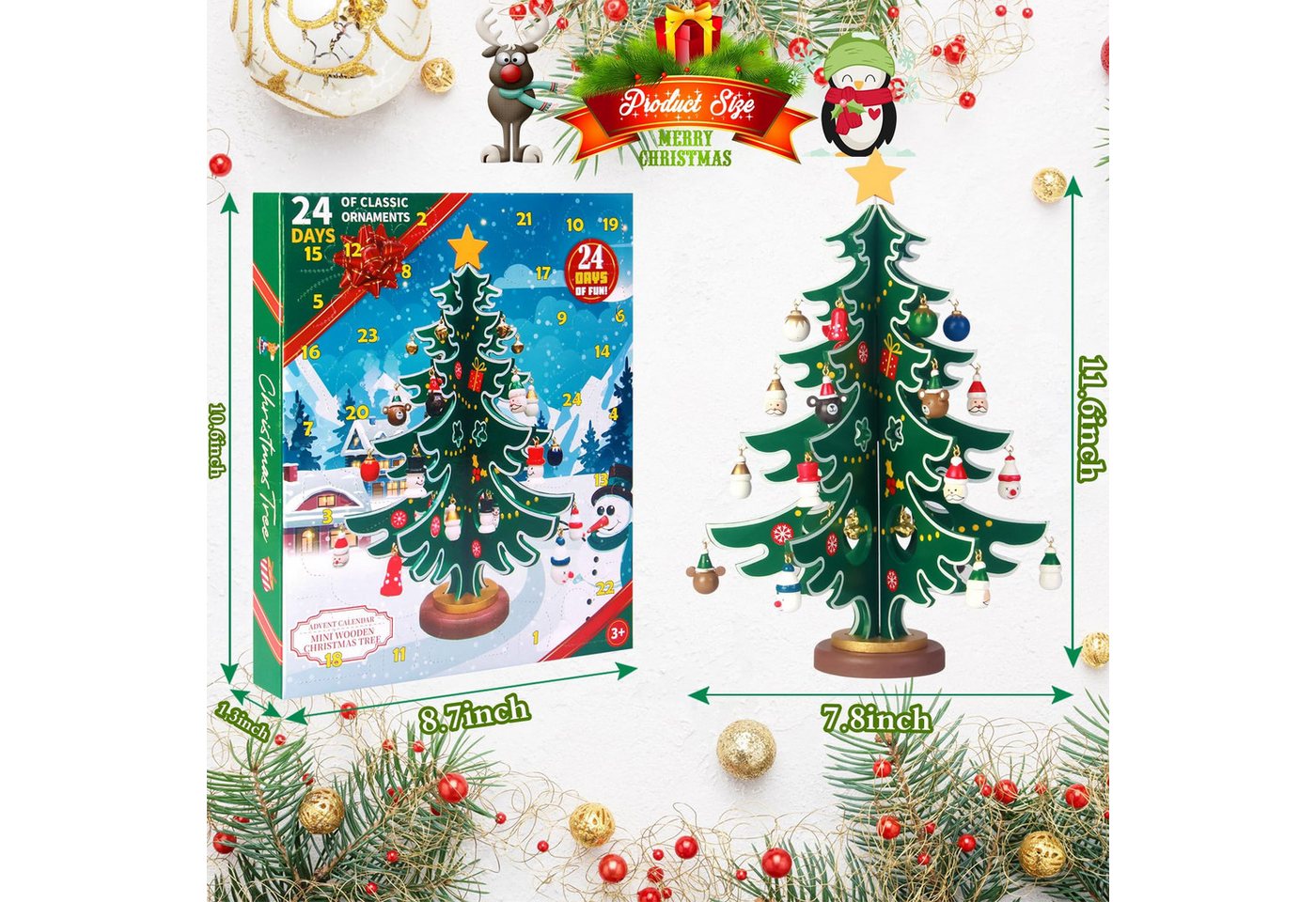 Bomiclss DIY-Adventskalender Weihnachtsbaum aus Holz für den Tisch,24-Tage Countdown Kinder, mit 30 Weihnachtsanhängern, Weihnachtsgeschenk für Kinder Bild 3