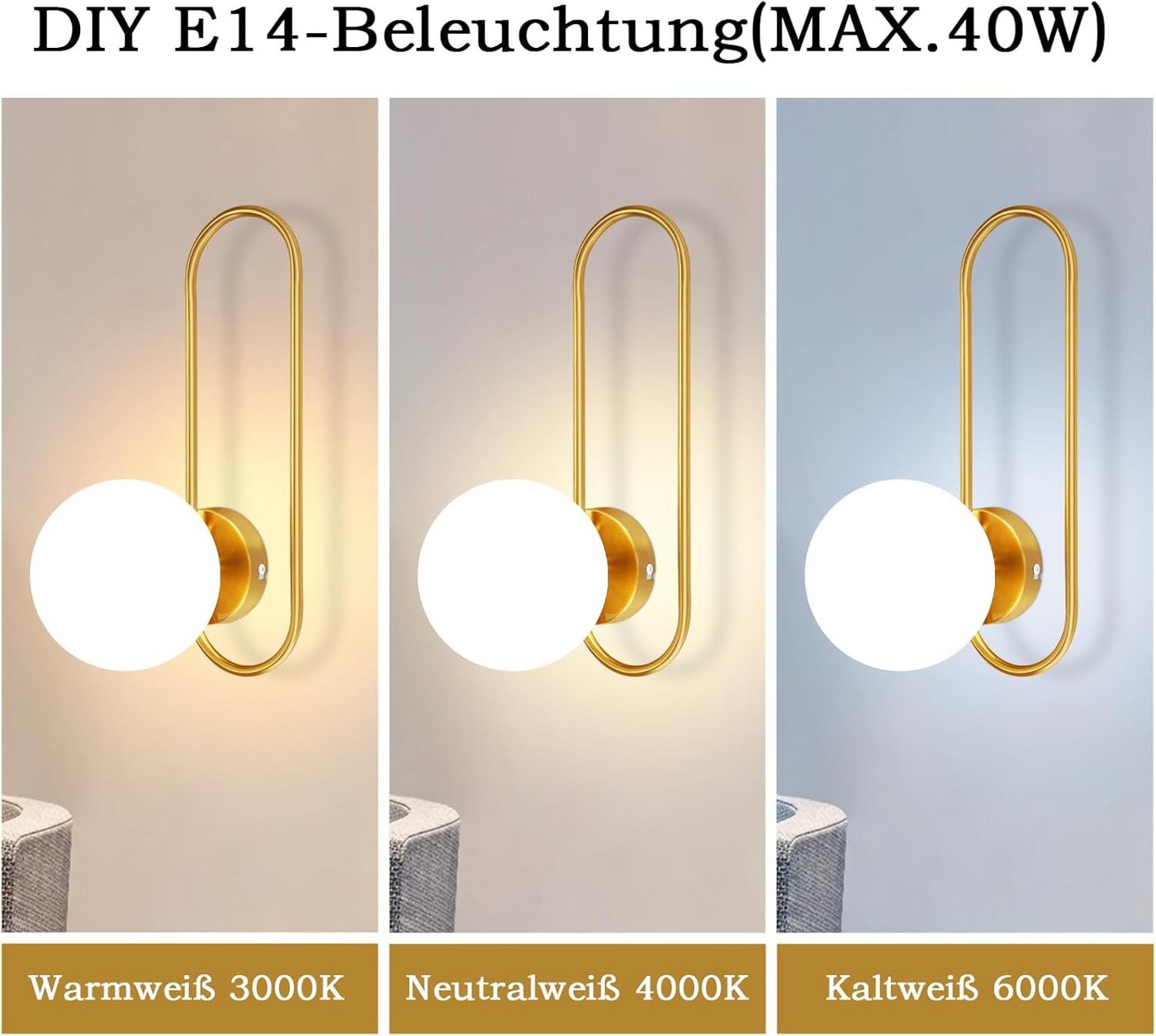 ZMH Wandleuchte innen Gold Vintage Glas E27/E14 Wandlampe Schlafzimmer Flur, ohne Leuchtmittel, E14-Fassung,Metall & Glas, max. 40 W,1-flammig Bild 2