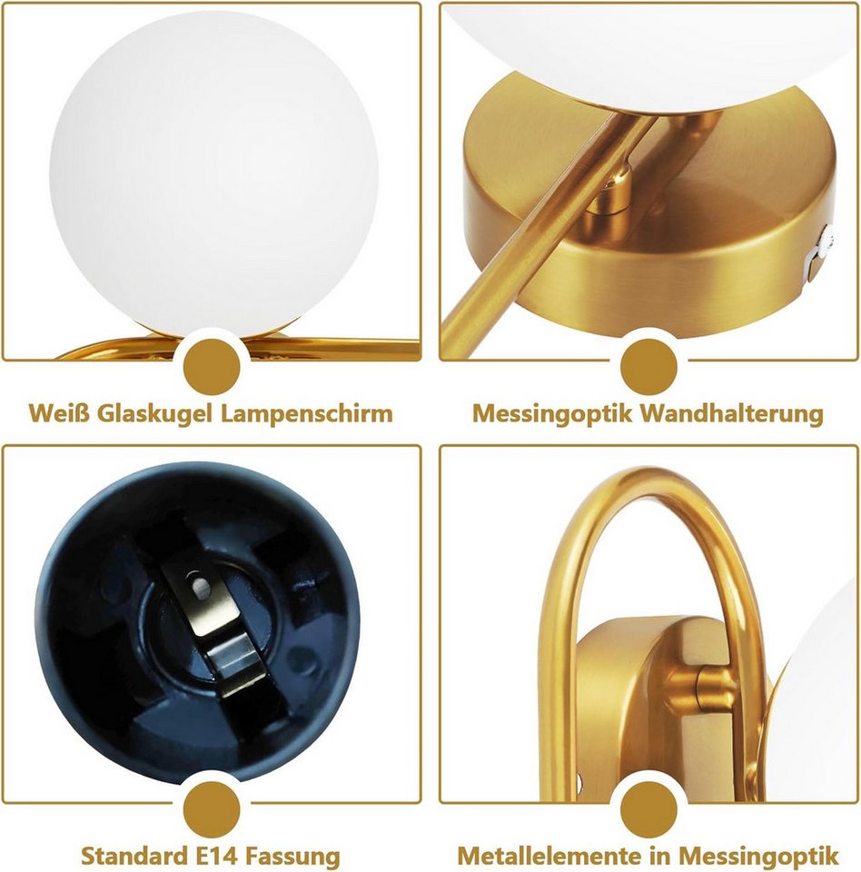 ZMH Wandleuchte innen Gold Vintage Glas E27/E14 Wandlampe Schlafzimmer Flur, ohne Leuchtmittel, E14-Fassung,Metall & Glas, max. 40 W,1-flammig Bild 5
