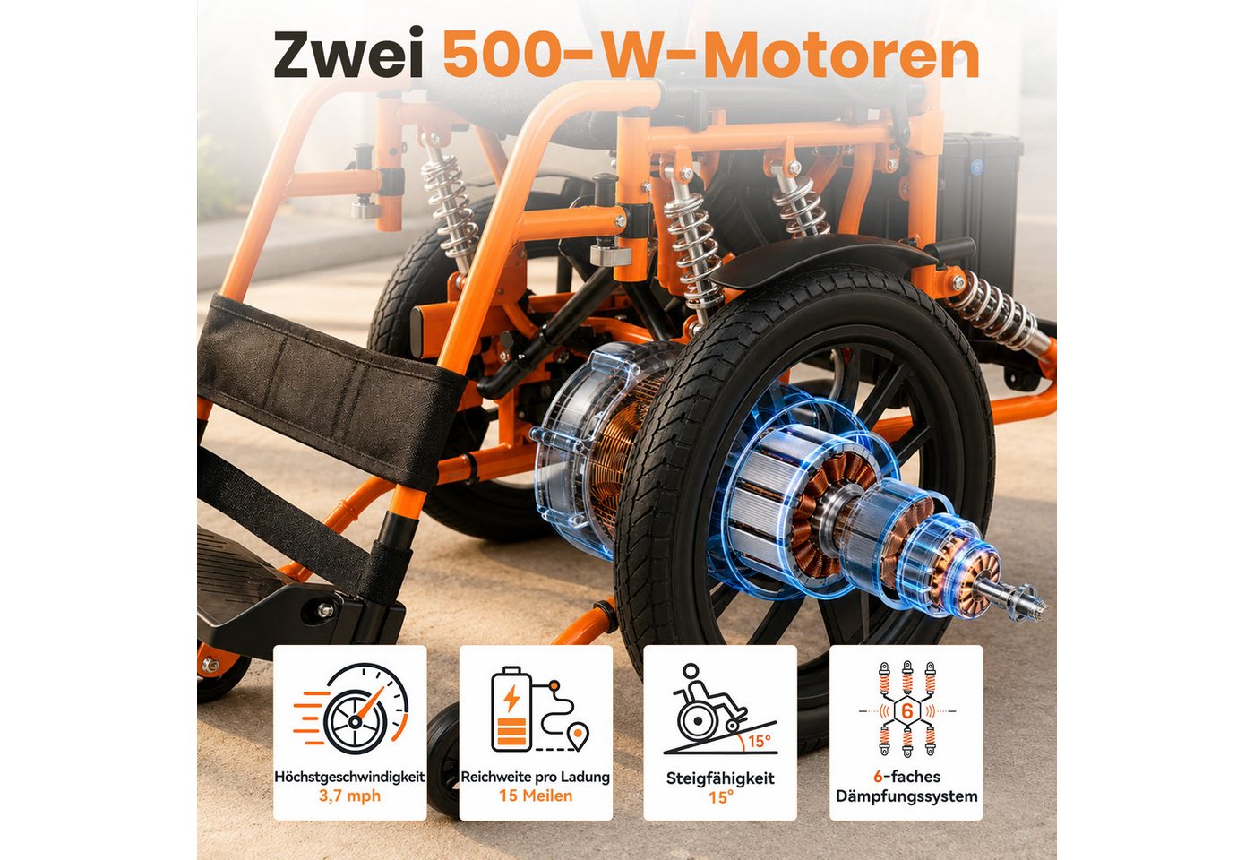Vankel Elektrorollstuhl Elektrischer Rollstuhl faltbar mit 288 Wh Akku und 360 Grad Joystick, Zwei 250 W Motoren und sechs einstellbare Federn für Ihren Alltag Bild 3