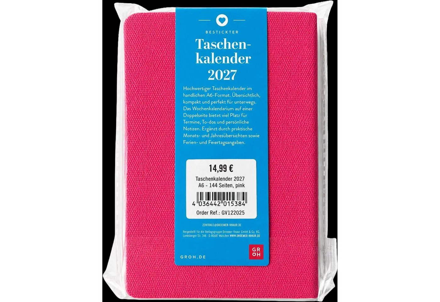 groh Verlag Taschenkalender Taschenkalender A6 2027: Blütenmotiv, bestickt, pink