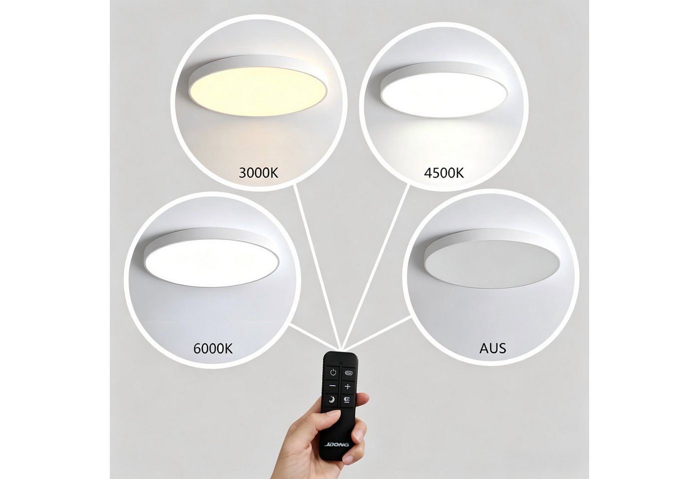 JDONG LED Deckenleuchte Flach Rund Schwarz/Weiß 50cm Deckenlampe Dimmbar 3000K-6000K, LED fest integriert, Kaltweiß, Neutralweiß, Warmweiß, mit Fernbedienung für Schlafzimmer Kinderzimmer Büro Wohnzimmer Bild 3