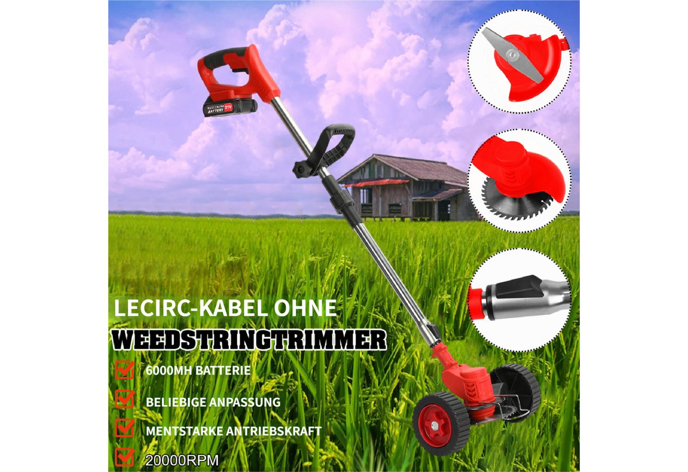 Rutaqian Elektrorasenmäher Akkurasenmäher 3-in-1 Elektrischer Rasenmäher mit 2* 2000mAh, 15 cm Schnittbreite, (2×2Ah Akku,21VAkku), Akku-Rasentrimmer 800w, Länge einstellbar 92-122cm,15 cm Schnittbreite