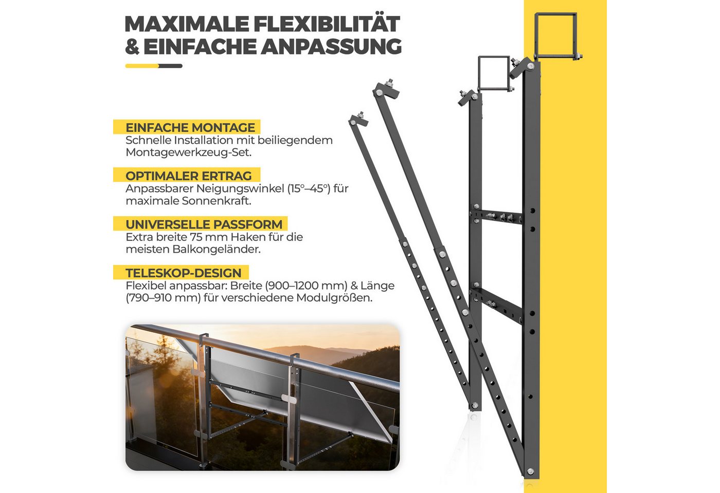 GLIESE Balkonkraftwerk Verstellbarer Solarmodule Halterung Schwarz für Balkonkraftwerk, (2-St., Edelstahl 304 Balkon Solarpanel Halterung), Solarmodul halterung, 15°–45° verstellbar, für 400–600 W Solarmodule