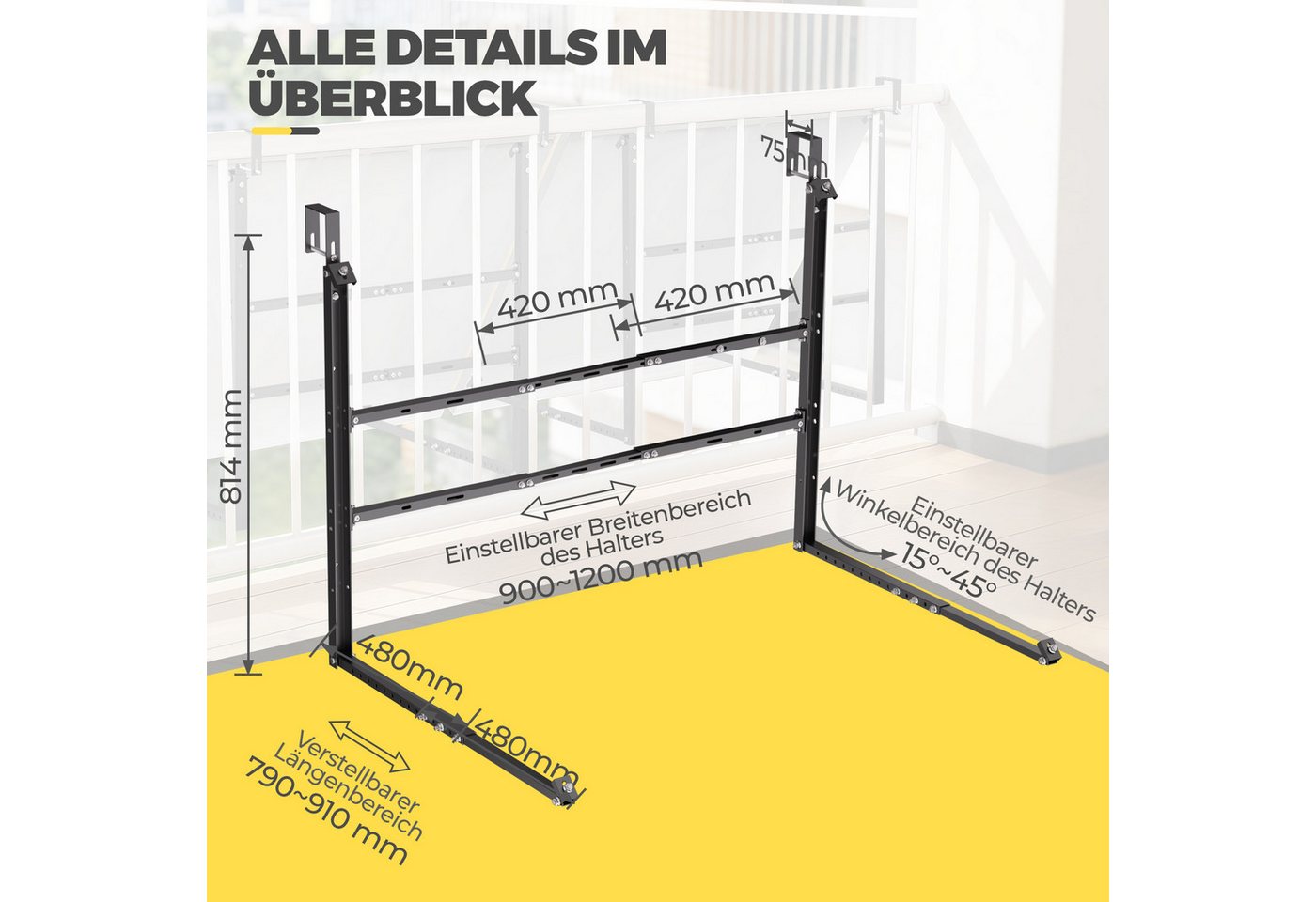 GLIESE Balkonkraftwerk Verstellbarer Solarmodule Halterung Schwarz für Balkonkraftwerk, (2-St., Edelstahl 304 Balkon Solarpanel Halterung), Solarmodul halterung, 15°–45° verstellbar, für 400–600 W Solarmodule Bild 2