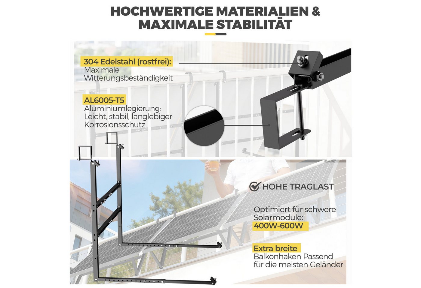 GLIESE Balkonkraftwerk Verstellbarer Solarmodule Halterung Schwarz für Balkonkraftwerk, (2-St., Edelstahl 304 Balkon Solarpanel Halterung), Solarmodul halterung, 15°–45° verstellbar, für 400–600 W Solarmodule Bild 3