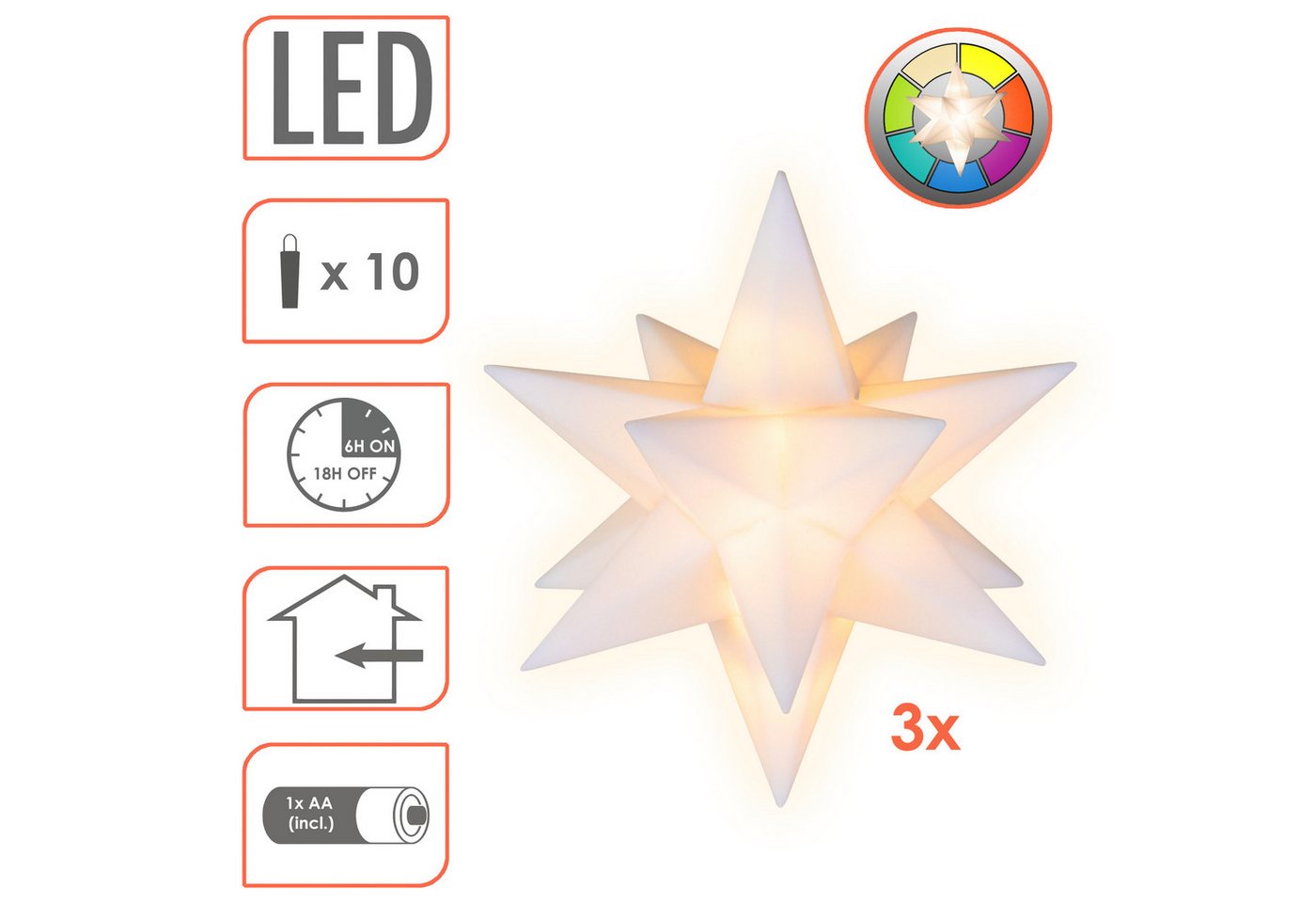 Spetebo LED Stern 3D Weihnachtssterne warm weiß mit Fernbedienung - 13 cm -, Batteriebetrieben, LED fest integriert, multicolor, mit Fernbedienung, Timer und Dimmer