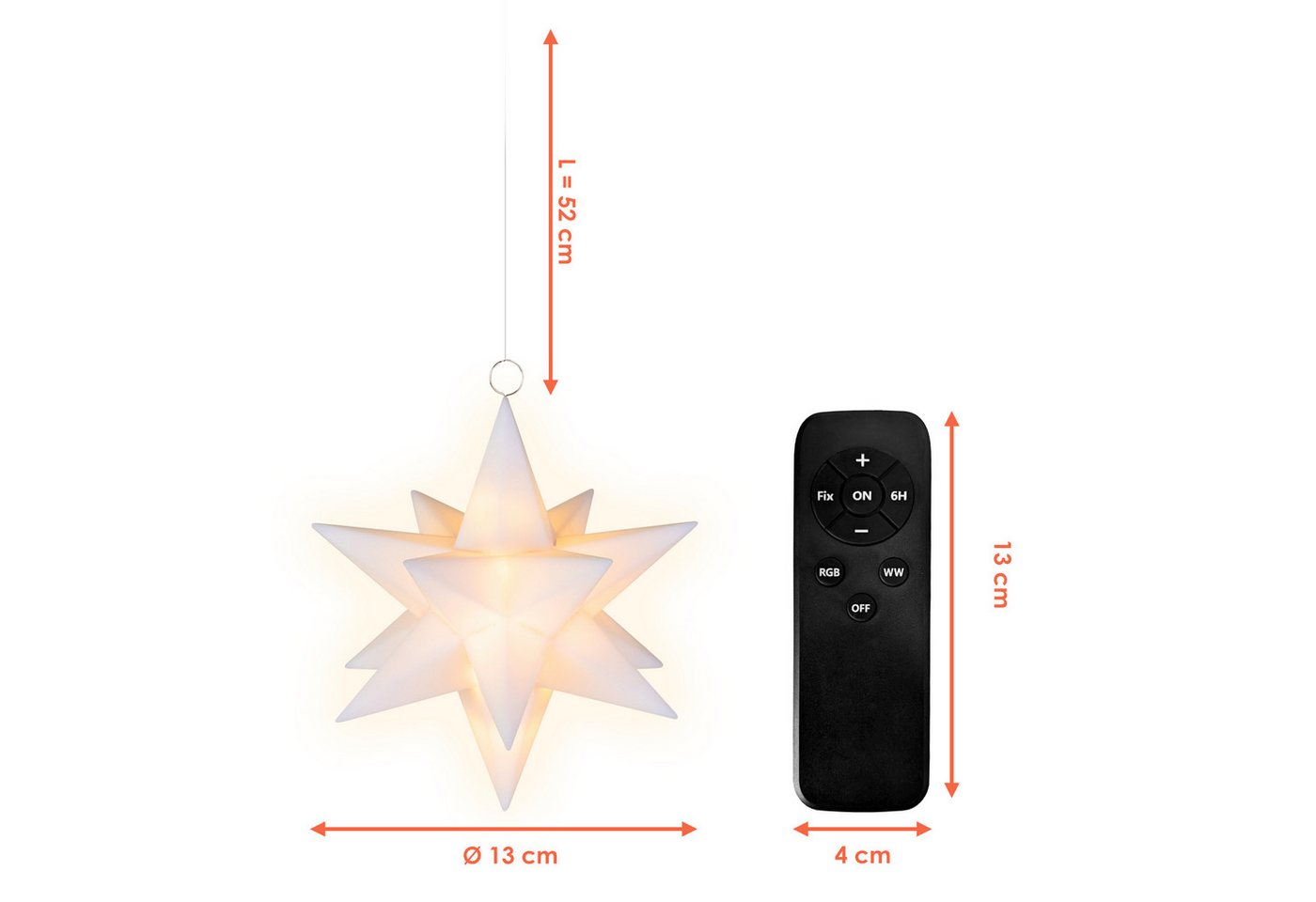 Spetebo LED Stern 3D Weihnachtssterne warm weiß mit Fernbedienung - 13 cm -, Batteriebetrieben, LED fest integriert, multicolor, mit Fernbedienung, Timer und Dimmer Bild 4