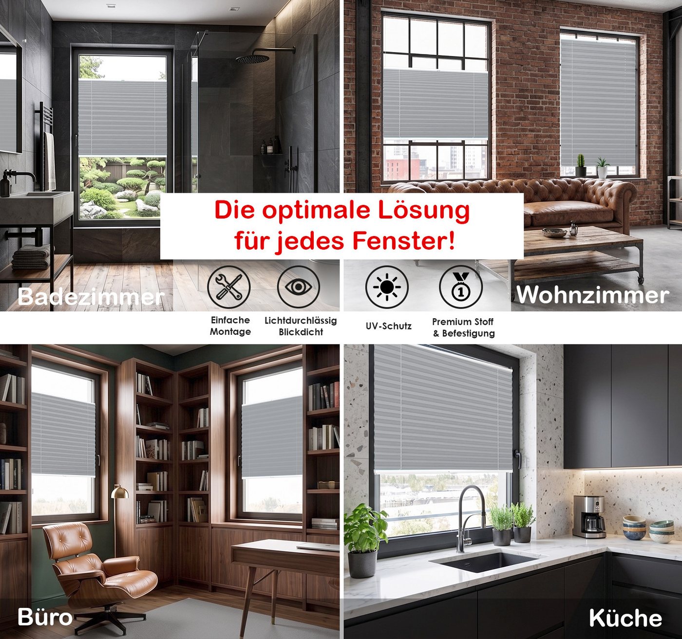Rikmani Plissee Klemmfix ohne Bohren Grau 40x100 cm, blickdicht, Klemmfix, Sichtschutz, Sonnenschutz, einfache Montage, Stufenlos verstellbar Bild 5