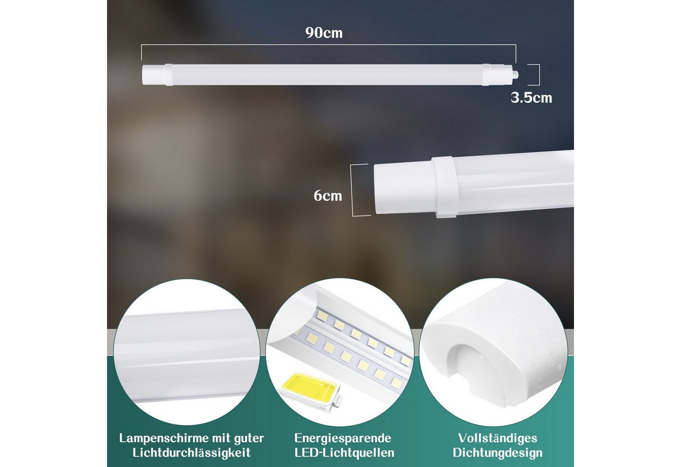 Nettlife Deckenleuchte LED Außenleuchte 90CM Led Röhre 24W Kellerlampe 5000K, LED fest integriert, Werkstattlampe Kellerlampe für Garage, Bad, Büro, Keller, Werkstatt Bild 5