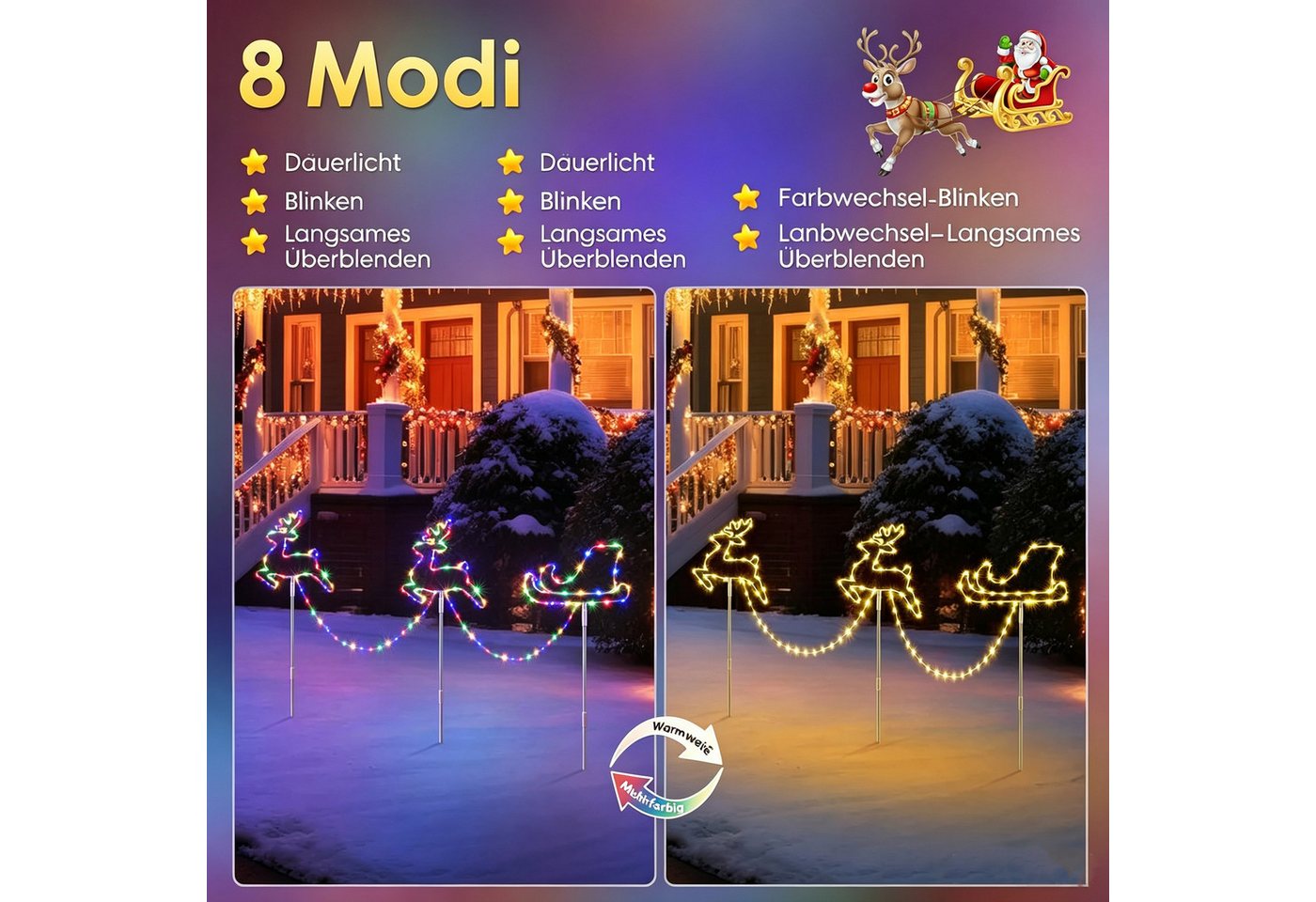 Quntis LED-Lichterkette Weihnachtsdeko Gartenstecker mit Timer, Weihnachtsbeleuchtung Garten, Rentierschlitten Warmweiß/Bunt 8 Modi für Garten, Außen, Rasen