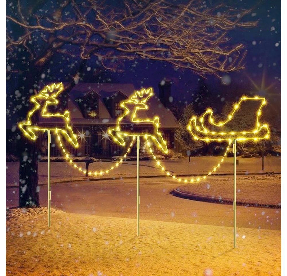 Quntis LED-Lichterkette Weihnachtsdeko Gartenstecker mit Timer, Weihnachtsbeleuchtung Garten, Rentierschlitten Warmweiß/Bunt 8 Modi für Garten, Außen, Rasen Bild 2